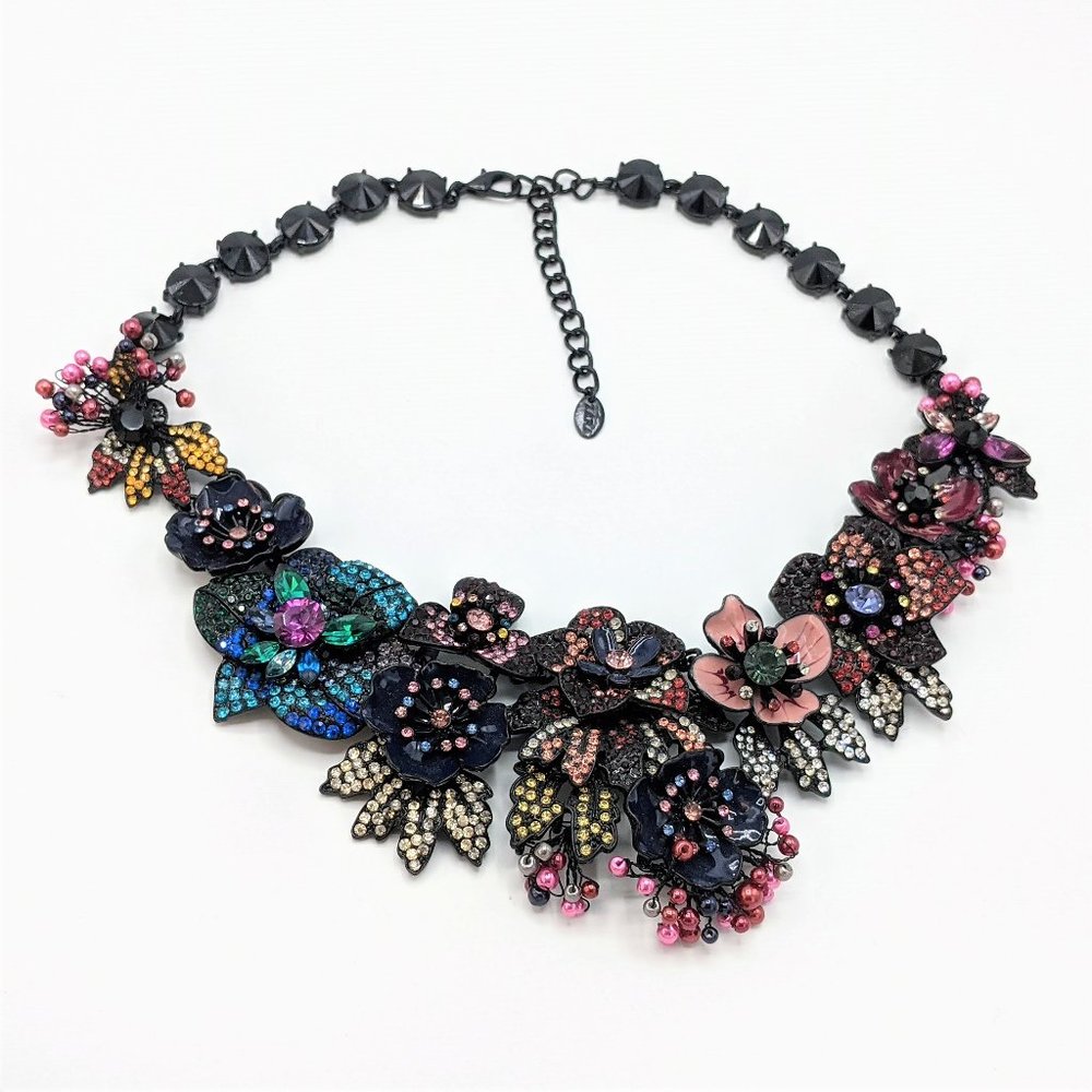 Stunning Zara Signed Colorful Floral Rhinestone Black Chain Statement Necklace
